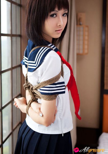 Shiryl Asian in school uniform is punished and tied in ropes